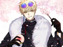  1boy absurdres alternate_costume arthur_pendragon_(fate) arthur_pendragon_alter_(fate) black_changpao black_gloves blonde_hair blue-tinted_eyewear buttons changpao chinese_clothes commentary_request cropped_torso earrings eyewear_on_head fate/prototype fate_(series) floral_print flower flower_knot food fruit fur_collar gloves hair_between_eyes hands_up highres holding holding_food holding_fruit holding_stick jewelry leaf long_sleeves looking_at_viewer male_focus mandarin_collar peach peach_blossom pink_flower purple-tinted_eyewear seseragi_azuma short_hair single_earring smile solo stick sunglasses tassel tassel_earrings teeth tinted_eyewear upper_body white_background wide_sleeves yellow-framed_eyewear yellow_eyes 