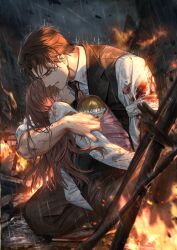  1boy 1girl absurdres bandages black_pants black_vest blood blood_on_clothes blood_on_face brown_hair burning clouds crying curtained_hair fire game_cg highres hug injury jacket kneeling light_and_night_love long_sleeves lu_chen necktie night non-web_source official_art outdoors pants pink_hair protagonist_(light_and_night_love) rain red_eyes shirt sky tears teeth vest weapon white_shirt 