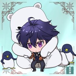  1boy ahoge bear bird black_hair blue_background chibi classic_stars commentary_request full_body gloves hair_between_eyes highres hoshizunanoumi jacket male_focus mozart_(classic_stars) orange_jacket pants penguin polar_bear simple_background standing trembling vest violet_eyes 
