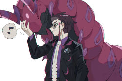  1boy antennae black-framed_eyewear black_hair black_jacket bug centipede closed_eyes closed_mouth collared_shirt corbeau_(pokemon) eyewear_strap glasses highres jacket long_sleeves mashita._(mentaiko_omoti) mega_stone musical_note necktie open_clothes open_jacket parted_hair pokemon pokemon_(creature) pokemon_legends:_z-a purple_hair purple_shirt round_eyewear scolipede scratching_head shirt short_hair short_sideburns sideburns simple_background smile spoken_musical_note white_background white_necktie yellow_eyes 