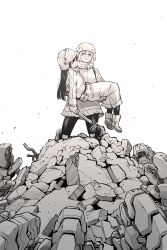  2girls absurdres broken broken_sword broken_weapon carrying carrying_person closed_eyes coat commentary_request copyright_request greyscale helmet highres jacket kato_takuji kneeling monochrome multiple_girls non-humanoid_robot original pet_robot_hunter_(kato_takuji) pouch robot rubble simple_background sword weapon 