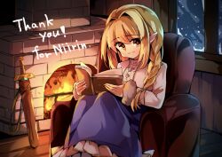  1girl armchair blonde_hair blue_skirt book braid braided_ponytail chair closed_mouth commentary_request commission commissioner_name english_text fire fireplace frilled_skirt frills full_body fur_trim hair_between_eyes hair_intakes heart highres holding holding_book indoors knees_up koxapfi4jyljb0d long_hair long_sidelocks long_skirt long_sleeves looking_at_viewer on_chair original pointy_ears scabbard sheath sheathed shirt sidelocks sitting skeb_commission skirt smile snow snowing solo spoken_heart sword thank_you weapon white_shirt window yellow_eyes 
