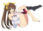  bad_id barefoot bottomless brown_hair fang feet friden04 fuaa_(friden04) green_eyes hair_ribbon huang_lingyin infinite_stratos long_hair open_mouth ribbon simple_background single_sock sock_pull socks solo twintails undressing 