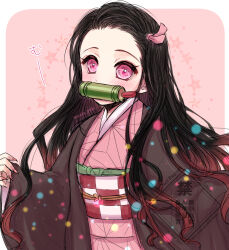  1girl bamboo bit_gag black_hair blush commentary_request gag gagged hair_ribbon haori highres japanese_clothes kamado_nezuko kimetsu_no_yaiba kimono long_hair long_sleeves looking_at_viewer multicolored_hair pink_eyes pink_kimono pink_ribbon ribbon sasamuke_pika solo watermark white_background wide_sleeves 
