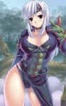 black_panties blue_eyes blush breasts capcom cleavage espinas espinas_(armor) forest large_breasts legs monster_hunter monster_hunter_frontier nature panties silver_hair solo sweat thighs uchiu_kazuma underwear white_hair 