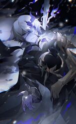  1boy absurdres armor blurry broken broken_weapon chinese_commentary closed_mouth commentary_request corruption cracked_skin defeat depth_of_field empty_eyes expressionless fire flame_reaver_of_the_deepest_dark flaming_eye grey_background grey_hair hair_between_eyes highres honkai:_star_rail honkai_(series) light_particles looking_at_viewer looking_up lying on_back on_ground outdoors pale_skin phainon_(honkai:_star_rail) purple_fire reaching reaching_towards_viewer sad solo sorane_hexi spoilers sword upper_body weapon 