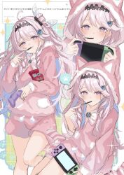  1girl ahoge alternate_costume animal_ear_hood black_bow blue_hair bow colored_inner_hair commentary_request controller denia_(wuthering_waves) fan_request food food_in_mouth game_controller hair_bow hair_intakes hair_ornament highres holding holding_controller holding_game_controller hood hoodie kuramoto_beta-carotene long_hair long_sleeves looking_at_viewer multicolored_hair multiple_views odaibako pink_hair pink_hoodie pink_shorts pocky pocky_in_mouth request_inset shorts smile translation_request violet_eyes wuthering_waves 
