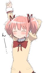  1girl absurdres arm_behind_head arm_up blush bow bowtie closed_eyes closed_mouth cocoa_(ultra_mdk) commentary_request dot_nose hair_ribbon highres juliet_sleeves kaname_madoka long_sleeves mahou_shoujo_madoka_magica mahou_shoujo_madoka_magica_(anime) mitakihara_school_uniform pink_hair puffy_sleeves red_bow red_bowtie red_ribbon ribbon school_uniform shirt short_hair short_twintails sidelocks simple_background solo stretching trembling twintails upper_body white_background yellow_shirt 