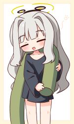  1girl :d absurdres black_shirt blue_archive blush border brown_border chibi closed_eyes facing_viewer feet_out_of_frame grey_hair hair_intakes halo hana_kazari hare_(blue_archive) hare_(pajamas)_(blue_archive) highres long_hair long_sleeves shirt smile solo standing very_long_hair white_background 