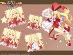  1girl 2009 bat_wings blonde_hair blush brown_background closed_eyes demon_tail disgaea eyes_closed flonne flonne_(fallen_angel) high_heels logo long_hair multiple_persona nippon_ichi official_art red_eyes ribbon shoes swimsuit tail tail_ribbon title_drop trinity_universe tsunako wallpaper wings 