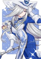  1boy 1girl absurdres blue_robe chibi commentary_request duel_monster gloves grey_hair hair_over_one_eye hand_on_headwear hat highres holding holding_wand kamota_kamosuke long_hair muto_yugi robe signature silent_magician tabard violet_eyes wand watermark white_gloves white_hat white_tabard wizard_hat yu-gi-oh! 
