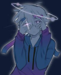 1boy ahoge animification blue_background blue_hoodie colored_skin commentary drawstring expressionless glowing hair_between_eyes halo headband highres hood hood_down hoodie lifesteal_smp long_sleeves looking_at_viewer male_focus minecraft_youtube planetlord purple_headband purple_hoodie short_hair simple_background solo star-shaped_pupils star_(symbol) symbol-shaped_pupils untranslatable_commentary upper_body uu79100218 variant_set violet_eyes white_hair white_skin 