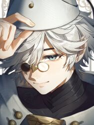  1boy arc_pic blue_eyes cloak closed_mouth collarbone commentary_request compression_shirt conical_hat glasses hair_between_eyes hair_over_one_eye hand_on_headwear hat hat_tassel high_collar highres looking_at_viewer male_focus one_eye_covered pince-nez portrait qifrey_(tongari_boushi_no_atelier) round_eyewear short_hair smile solo swept_bangs tongari_boushi_no_atelier watermark white_cloak white_hair white_hat wizard_hat 