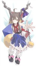  1girl ball_and_chain_restraint black_shoes blue_skirt bow brown_horns chain commentary_request footwear_bow full_body hair_bow highres horn_ornament horn_ribbon horns ibuki_suika looking_at_viewer o_(crazyoton46) oni pink_bow red_bow red_nails ribbon ribbon-trimmed_skirt ribbon_trim shirt shoes skirt socks solo touhou white_shirt white_socks wrist_cuffs 