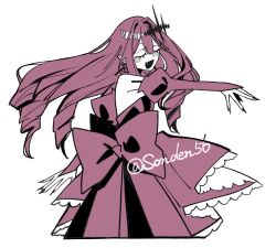  1girl baobhan_sith_(fate) baobhan_sith_(first_ascension)_(fate) bare_shoulders bow closed_eyes detached_sleeves dress earrings fang fate/grand_order fate_(series) highres jewelry long_hair open_mouth red_bow red_dress red_hair solo tokumori_ramen twitter_username 