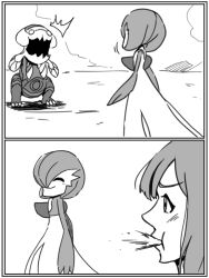  1other 2girls blank_eyes bob_cut closed_eyes colored_skin commentary_request dracovish fangs gardevoir hair_over_one_eye kaji_(ae_kaji) multicolored_skin multiple_girls open_mouth pokemon pokemon_(creature) smile spit_take spitting surprised trace_(pokemon_ability) two-tone_skin white_background white_skin 