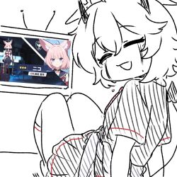  1girl amedrama black_shirt black_skirt blue_archive crying erika_(blue_archive) facing_viewer highres horns looking_back miniskirt niko_(blue_archive) npc_jail pleated_skirt screenshot_inset shirt short_hair skirt solo striped_clothes striped_shirt tears watching_television 