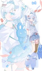  ! 1girl absurdres animal_bag animal_ears arm_warmers asymmetrical_legwear bag belt blue_eyes blue_hairband blue_skirt bon_(bony_53) collar commentary cross cross_stitch fashion fur_socks hair_ornament hairband hairclip heart heart_hair_ornament highres holding holding_bag long_hair looking_at_viewer miniskirt multiple_views o-ring o-ring_thigh_strap original rabbit_bag rabbit_ears rabbit_hair_ornament shirt single_off_shoulder skirt socks speech_bubble spiked_collar spiked_hairband spikes spoken_exclamation_mark standing thigh_strap untranslatable_commentary white_arm_warmers white_belt white_hair white_shirt white_socks x_x 