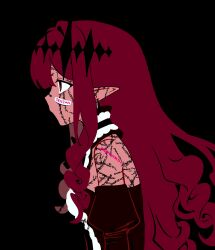 1girl baobhan_sith_(fate) baobhan_sith_(first_ascension)_(fate) black_background blunt_bangs body_writing detached_sleeves empty_eyes expressionless fate/grand_order fate_(series) from_side highres long_hair pink_hair pointy_ears profile simple_background solo tiara upper_body zhouer_de_wushui 