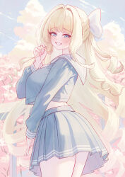  1girl absurdres alternate_costume blonde_hair blue_eyes blue_serafuku blue_shirt blue_skirt bow breasts cherry_blossoms commentary_request cowboy_shot crown_(nikke) day drill_hair from_behind goddess_of_victory:_nikke grin hair_bow highres large_breasts long_hair long_sleeves looking_at_viewer looking_back outdoors playing_with_own_hair pleated_skirt railing school_uniform serafuku shirt skirt smile solo sxrxri_a thighs tree very_long_hair white_bow 