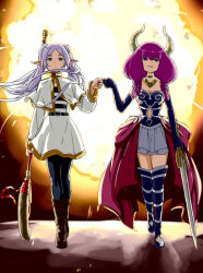  2girls aura_(sousou_no_frieren) backlighting black_pantyhose blue_boots blue_corset blue_eyes blue_gloves boots braid brown_boots capelet corset demon_girl demon_horns earrings elbow_gloves elf explosion explosion_background fist_bump floating_hair frieren gloves grey_hair highres holding holding_staff holding_sword holding_weapon horns jewelry long_hair mage_staff multiple_braids multiple_girls pantyhose pink_hair pink_overskirt pointy_ears quad_braids skirt smile smirk sousou_no_frieren staff sword teardrop_earrings thigh_boots torako_(toramaru) twintails very_long_hair violet_eyes weapon white_capelet white_skirt 