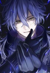  1boy arms_up black_background black_capelet black_gloves blue_hair capelet closed_mouth commentary_request crossed_bangs flins_(genshin_impact) genshin_impact gloves gradient_hair highres long_sleeves looking_at_viewer male_focus multicolored_hair nekokoko smirk solo upper_body watermark wiping_face yellow_eyes 