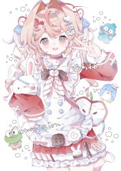  1girl absurdres animal_bag apron bag black_bow blush bow bowtie brown_hair candy choker chun_jian_he commission dress food food-themed_hair_ornament frilled_sailor_collar frills hair_bow hair_intakes hair_ornament hairclip heart heart_hair_ornament highres long_hair long_sleeves looking_at_viewer open_mouth original rabbit_hair_ornament ribbon sailor_collar shoulder_bag skirt sleeves_past_fingers sleeves_past_wrists smile socks solo stuffed_animal stuffed_toy twintails v watermark white_apron white_background 