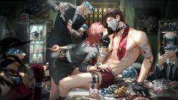  abs black_gloves blurry bracelet brown_hair collared_shirt cuffs curtained_hair formal_clothes game_cg gem gloves handcuffs highres holding indoors jacket jewelry light_and_night_love lu_chen male_underwear mask multiple_boys necktie non-web_source official_art picture_frame pink_hair protagonist_(light_and_night_love) red_eyes red_gloves ring scarf shirt skirt suit towel towel_around_neck underwear watch watch 