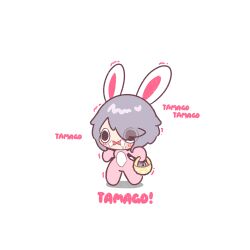  1girl absurdres animal_costume animal_ears basket blush chibi chibi_only commentary decrilus easter easter_egg egg foaming_at_the_mouth full_body grey_hair highres holding holding_basket hololive hololive_english koseki_bijou open_mouth rabbit_costume rabbit_ears romaji_commentary romaji_text short_hair simple_background solo standing trembling virtual_youtuber white_background 