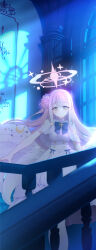  1girl blue_archive blue_bow blue_bowtie bow bowtie breasts capelet closed_mouth commentary_request dress hair_bun halo indoors long_hair looking_at_viewer medium_breasts mika_(blue_archive) moonlight night pink_hair shooka sidelocks single_side_bun smile solo stairs standing white_capelet white_dress white_wings window wings yellow_eyes 