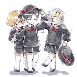  1girl acharlotte_0214 aged_down black_hair black_hat black_jacket black_shoes black_shorts black_skirt bow bowtie buttons child demian_(project_moon) double-breasted hat hat_bow highres jacket kindergarten_uniform kromer_(project_moon) limbus_company limbus_kindergarten_uniform low_ponytail official_alternate_costume ponytail project_moon red_bow red_bowtie shoes short_hair shorts simple_background sinclair_(project_moon) skirt smile socks weapon white_background white_socks yellow_eyes 