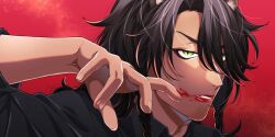  1boy animal_ears black_eyeliner black_shirt braid brown_hair commentary_request con_potata dark-skinned_male dark_skin eyeliner green_eyes hand_up highres leona_kingscholar lion_boy lion_ears lipstick long_hair looking_at_viewer makeup male_focus portrait red_background red_lips shirt slit_pupils smeared_lipstick solo textless_version twin_braids twisted_wonderland 