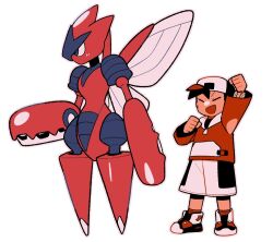  1boy 1other backwards_hat baseball_cap black_hair claws clenched_hands closed_eyes ethan_(pokemon) full_body hat insect_wings jacket long_sleeves mega_pokemon mega_scizor open_mouth pincers pokemon pokemon_(creature) pokemon_gold/silver/crystal red_jacket scizor shoes short_hair shorts simple_background smile tyako_089 white_shorts wings 