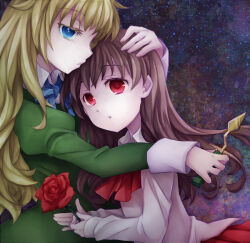  2girls blonde_hair blue_eyes brown_hair commentary_request dress expressionless flower hug ib_(ib) ib_(kouri) long_hair looking_at_another looking_at_viewer manimani_(mani_ma) mary_(ib) multiple_girls profile red_eyes rose skirt sky star_(sky) starry_sky 