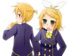  blonde_hair blush drinking green_eyes hair_bow hairclip highres juice_box kagamine_len kagamine_rin looking_back neck_ribbon open_mouth overcoat ponytail simple_background uniform vocaloid white 