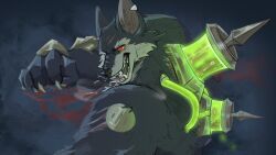  1boy absurdres animal_ears black_fur blood claws english_commentary fangs frostqq furry furry_male highres league_of_legends male_focus open_mouth red_eyes saliva scar scar_on_face tube warwick wolf_boy wolf_ears 