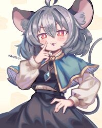  1girl :3 ahoge animal_ear_fluff animal_ears black_skirt black_vest blue_capelet blush bright_pupils capelet commentary doyagao fluffy_hair gold_necklace gold_trim grey_hair hair_intakes highres jewelry long_sleeves looking_down medium_hair mouse_ears mouse_girl mouse_tail nazrin necklace open_mouth pendant puffy_long_sleeves puffy_sleeves red_eyes shirt skirt smug solo tail touhou two-sided_fabric uni_draws v-shaped_eyebrows vest white_background white_pupils white_shirt 