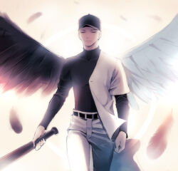  1boy arm_out_of_sleeve baseball_bat baseball_cap baseball_uniform belt black_belt black_hat black_shirt bloom closed_eyes closed_mouth facing_viewer falling_feathers feathered_wings feathers hat holding holding_baseball_bat layered_sleeves long_sleeves male_focus off_(game) open_clothes open_shirt pants sakuyamochi shirt short_over_long_sleeves short_sleeves solo sportswear the_batter_(off) two-tone_wings undershirt white_pants white_shirt wings 