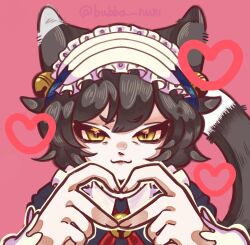  1girl :3 animal_ears black_hair bubba_nuki cat_ears cat_girl cat_tail dungeon_meshi english_commentary four-finger_heart_hands heart heart_hands highres izutsumi maid pink_background portrait short_hair solo tail yellow_eyes 