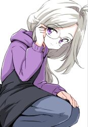 1girl adjusting_eyewear antenna_hair apron black_apron closed_mouth commentary_request denim grey_hair hair_intakes hands_on_own_knee highres hood hoodie jeans long_hair looking_at_viewer meitantei_precure! moria_luluka official_alternate_costume pants precure purple_hoodie simple_background smile solo squatting uraki white_background 