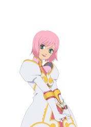  1girl artist_request boots dress estellise_sidos_heurassein full_body game_cg gloves hair_between_eyes hands_on_own_face layered_dress long_sleeves looking_at_viewer official_art open_mouth pink_dress pink_hair short_hair simple_background smile solo standing tales_of_(series) tales_of_asteria tales_of_vesperia third-party_source transparent_background upper_body white_boots white_dress white_gloves 