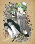  arm_support bare_shoulders blue_eyes buzz coat flower fur fur_hat fur_trim gift gloves green_hair gumi hat holding holding_gift leg_warmers petals short_hair sitting smile solo vocaloid winter_clothes 