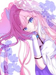  1girl blue_eyes bridal_veil commentary_request dress elysia_(honkai_impact) gloves highres hitsuki_(ruon) honkai_(series) honkai_impact_3rd long_hair looking_at_viewer multicolored_hair pink_hair purple_dress smile solo two-tone_hair veil very_long_hair white_gloves white_hair 