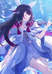  1girl amenosaka_nono arm_ribbon black_hair blue_petals bow closed_eyes closed_mouth colored_inner_hair columbina_(genshin_impact) commentary cowboy_shot dress eye_mask falling_petals floating_hair genshin_impact gradient_hair hair_ribbon hand_up head_wings highres long_hair mask multicolored_hair petals purple_hair purple_streaks ribbon solo streaked_hair thigh_strap untranslatable_commentary watermark white_bow white_dress white_ribbon white_wings wings wrist_bow 