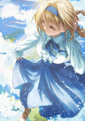  1girl absurdres blonde_hair blue_skirt braid breasts character_request closed_mouth commentary_request commission copyright_request gami_(gami37260414) highres long_hair petals shirt skeb_commission skirt smile white_shirt yellow_eyes 