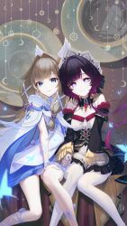  2girls absurdres alternate_hairstyle arm_ribbon bare_shoulders black_collar black_hair black_sleeves blue_eyes bonnet brown_hair bug butterfly closed_mouth collar columbina_(genshin_impact) commentary_request cosplay costume_switch crescent crescent_moon detached_collar detached_sleeves dress gears genshin_impact gloves gradient_hair hair_ornament hair_ribbon hairstyle_switch hand_between_thighs hands_on_own_thighs head_wings headdress highres holding_hands interlocked_fingers leg_bow leg_ribbon long_hair long_sidelocks long_sleeves moon multicolored_hair multiple_girls multiple_wings open_mouth purple_hair purple_streaks ribbon sandrone_(genshin_impact) sato_inryo sidelocks sitting smile streaked_hair thigh_strap two-tone_hair unusually_open_eyes very_long_hair violet_eyes white_dress white_headdress white_wings wing_hair_ornament wings wrist_bow 