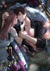  1boy 1girl abs absurdres alcohol bathtub black_shirt bottle brown_hair candle cup curtained_hair dress drinking_glass flower game_cg gem hetero highres jewelry light_and_night_love looking_at_another lu_chen muscular non-web_source official_art open_clothes open_shirt pants petals pink_hair protagonist_(light_and_night_love) purple_flower purple_rose red_eyes rose shared_bathing shirt white_dress wine wine_bottle wine_glass 
