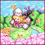  ^_^ blonde_hair cherry_blossoms closed_eyes flower flying hat lily_white lowres muyue_mitsudou pixel_art solo touhou 