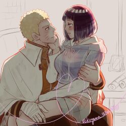  1boy 1girl black_hair blonde_hair blue_eyes blush boruto_(series) cape commentary_request couple facial_mark hetero highres hood hoodie hyuuga_hinata indoors jacket koguma_05 naruto_(series) orange_jacket purple_hoodie sitting sitting_on_lap sitting_on_person uzumaki_naruto whisker_markings white_cape white_eyes 