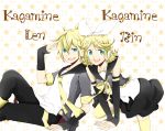  aqua_eyes arm_warmers blonde_hair bow brother_and_sister detached_sleeves dress hair_ornament hairclip headphones kagamine_len kagamine_rin necktie open_mouth patterned ribbon short_hair siblings sitting smile star text thigh-highs thighhighs twins vocaloid zettai_ryouiki zukeyni 